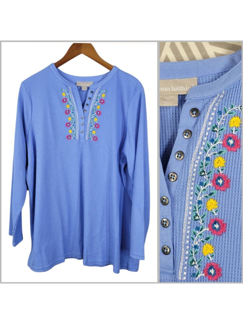 NEW Waffle Knit Embroiderd Plus Size 1X 22/24 Henley Top Large Long Sleeve 2X